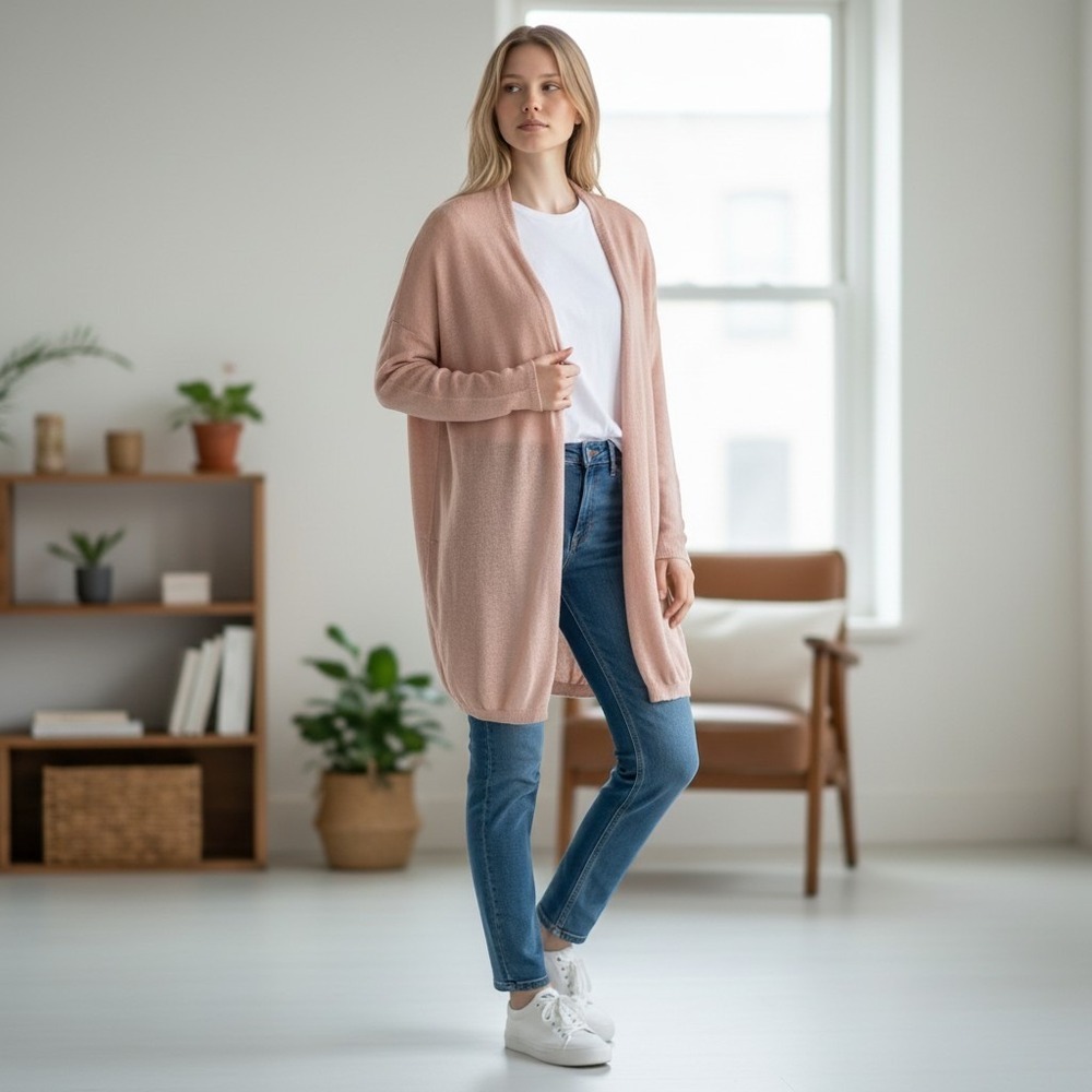 Umgee Cardigan Women Medium Pink Lace Trim Open Front Boho Knit